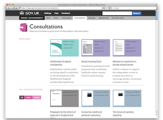 Consultations page on GOV.UK