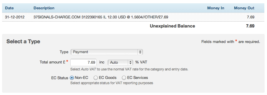 FreeAgent automatically determining the VAT for a transaction