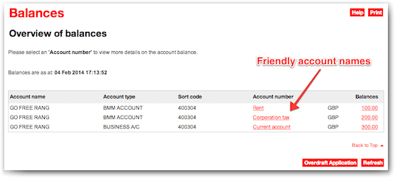 Screenshot showing HSBC business banking with friendly account names